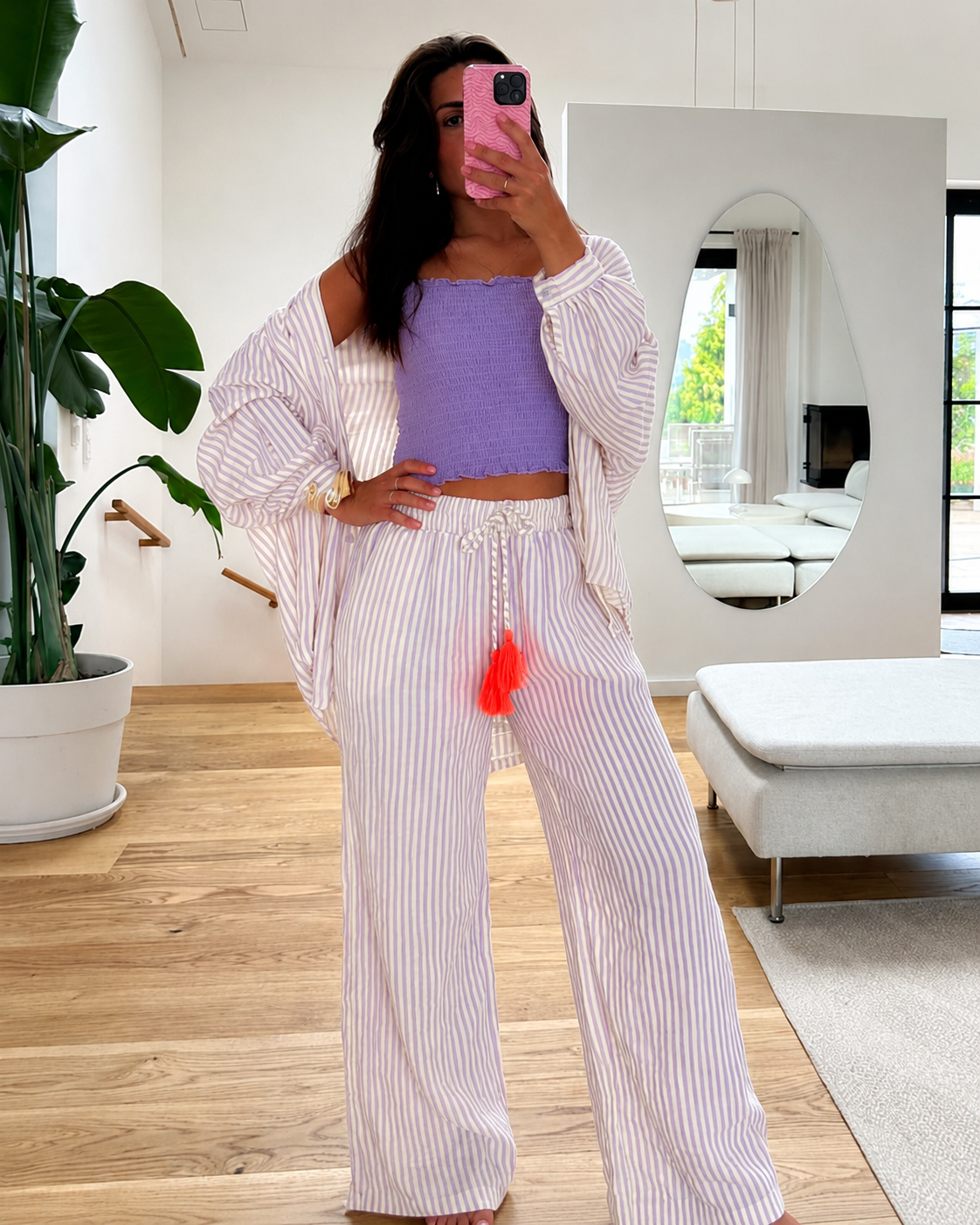 Musselin Hose Streifen – Weiß/Lavendel
