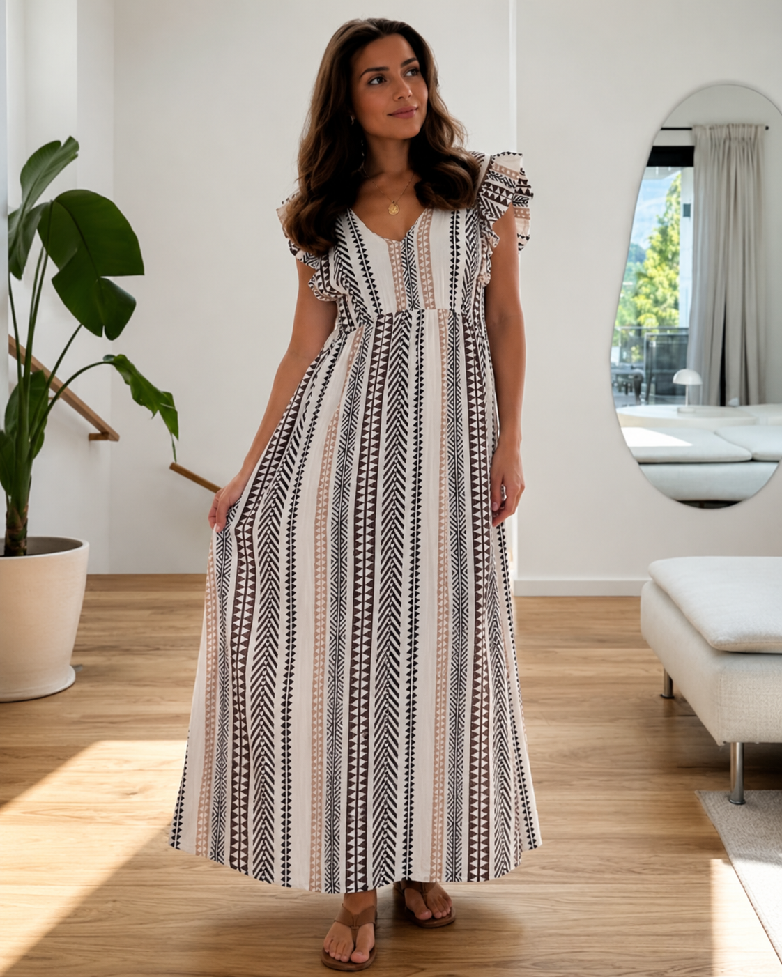 Boho Musselin Kleid Ethno Power grau/braun