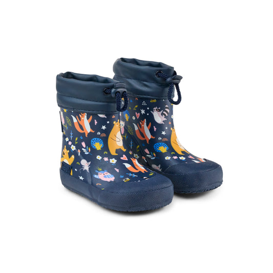 KOEL Bear Blue Wellie Print – Barfuß-Gummistiefel für breite Kinderfüße