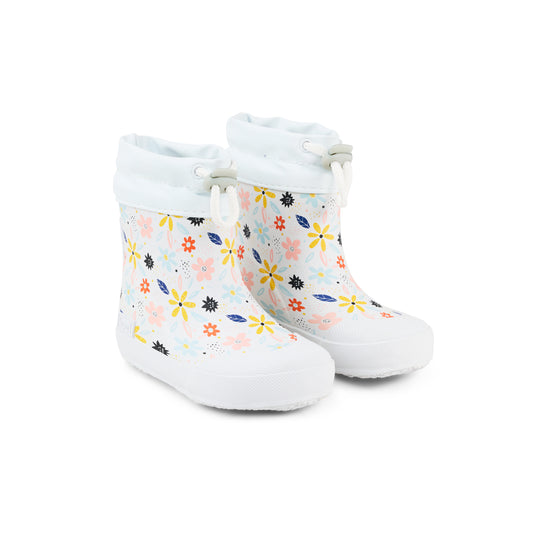 KOEL Flowers White Wellie Print – Barfuß-Gummistiefel für breite Kinderfüße