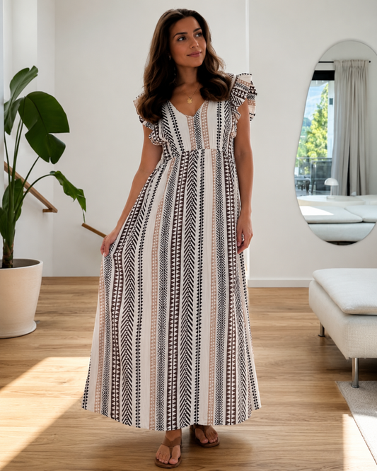Boho Musselin Kleid Ethno Power grau/braun