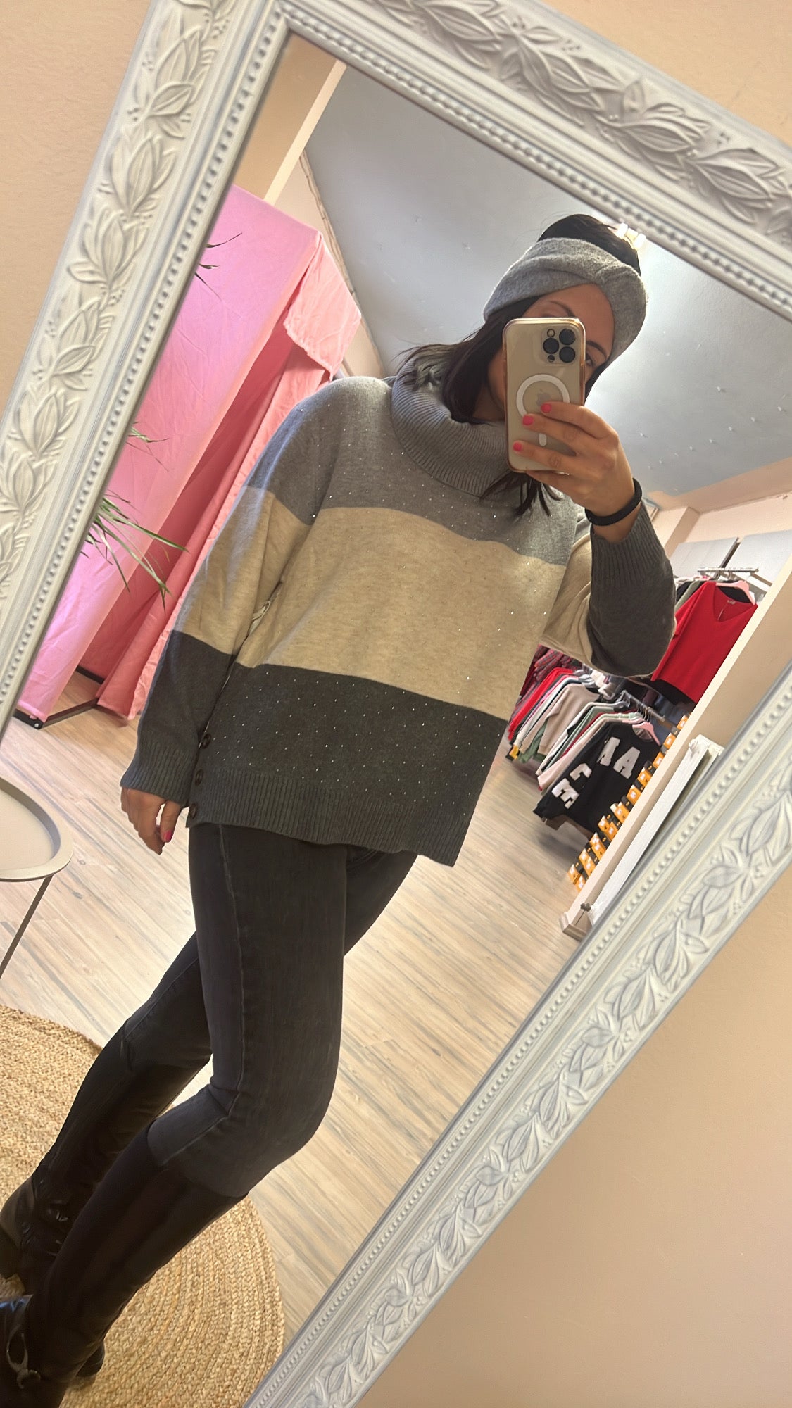 Rollstrickpulli Grau/ Creme
