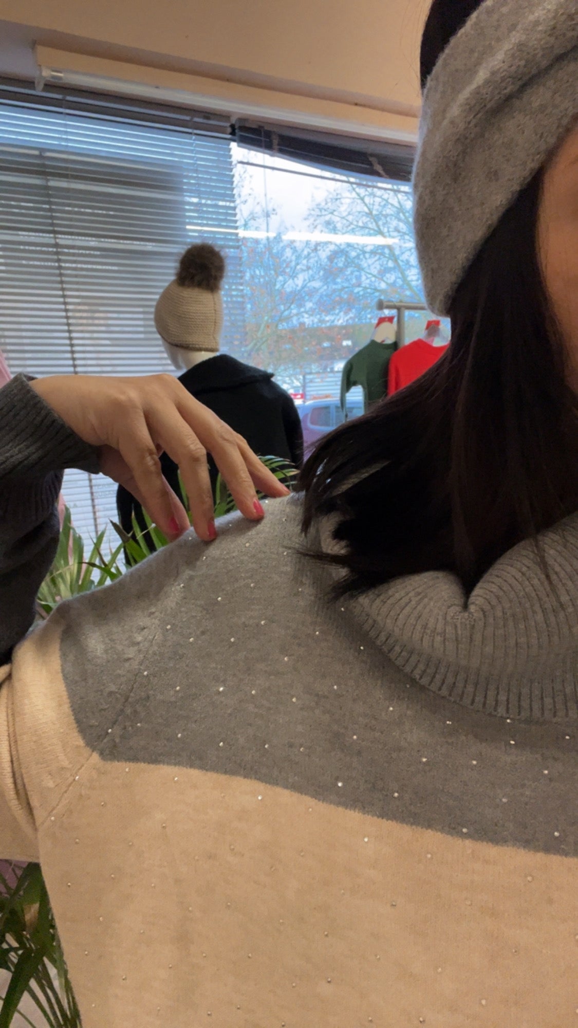 Rollstrickpulli Grau/ Creme